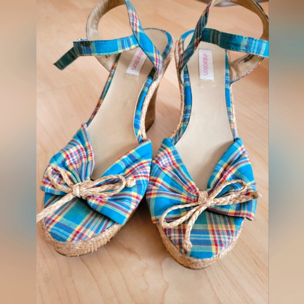 Xhileration ankle strap adjus,  peep toe with a bow,  wedges. Multi color Size 8